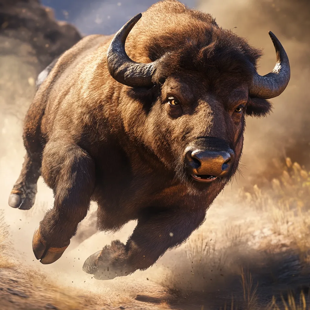 A powerful bison charges across a dusty landscape.  Its massive, dark brown body is covered in thick fur, and its large horns are sharply defined.  The bison's intense gaze and forward momentum create a sense of raw power and energy.  Dust billows around its legs as it runs, emphasizing its forceful movement. The scene is bathed in warm, golden light.