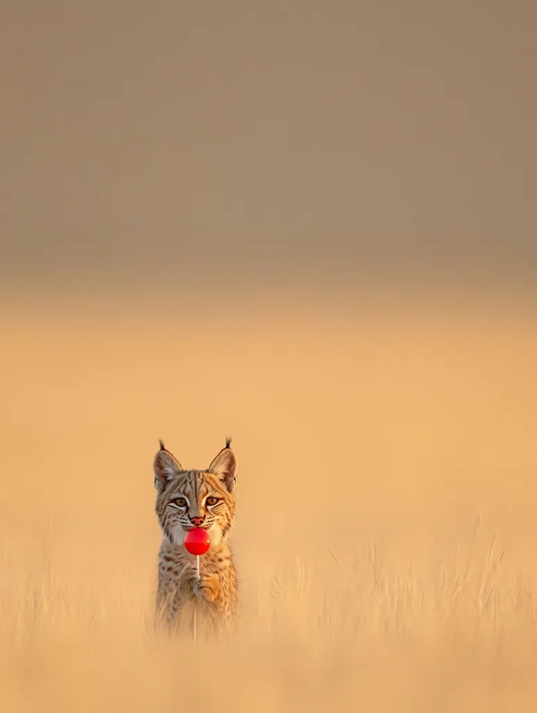 A bobcat kitten stands in a field of tall, golden grass at sunset.  It holds a small, red ball on a stick in its mouth, creating a whimsical and unexpected scene. The soft light illuminates the kitten's fur and the surrounding landscape, creating a peaceful and captivating image. The contrast between the wild cat and the playful object is striking.