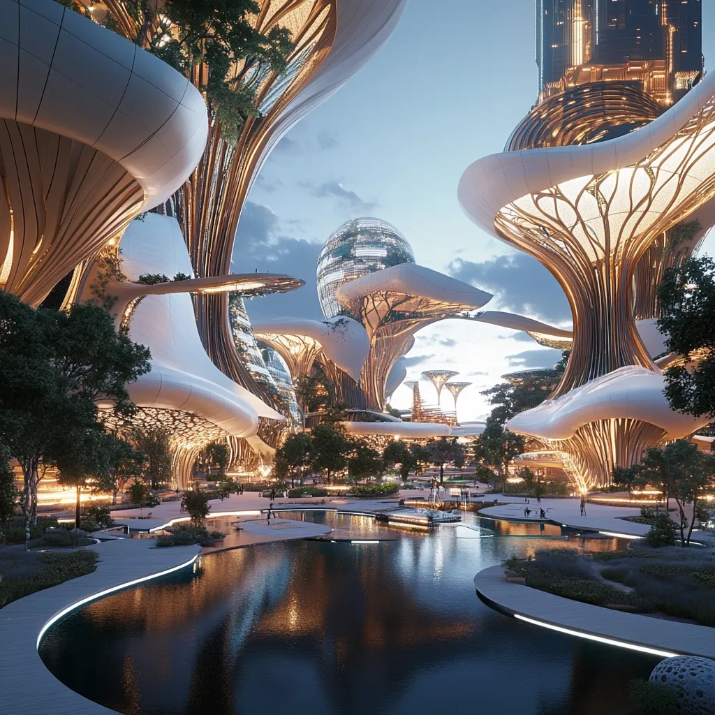 A futuristic city, illuminated at twilight, features bioluminescent, mushroom-shaped buildings.  Interconnected structures create a canopy over walkways and a central reflecting pool.  Trees and landscaping integrate seamlessly with the architecture.  A tall, slender skyscraper is visible in the background, adding to the otherworldly cityscape.  The scene is peaceful and harmonious, blending nature and advanced technology.