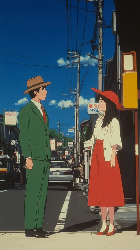 A stylish man in a green suit and fedora stands across from a woman in a red dress and hat at a bus stop.  The setting is a sunny Japanese street scene, with telephone wires overhead and buildings lining the road. A car is parked nearby. The anime-style artwork features clear lines and vibrant colors, emphasizing the couple's fashion and the atmosphere of the location.