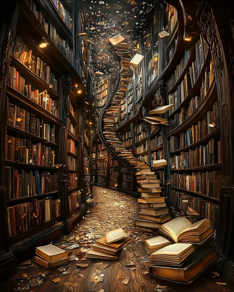 A fantastical library scene unfolds, showcasing towering bookshelves filled with countless volumes.  A swirling staircase composed entirely of books ascends, with pages fluttering through the air like falling confetti. The rich, dark wood of the shelves contrasts beautifully with the warm lighting, creating a magical and enchanting atmosphere.  Scattered books on the floor add to the sense of wonder and the overwhelming abundance of knowledge within this breathtaking space.