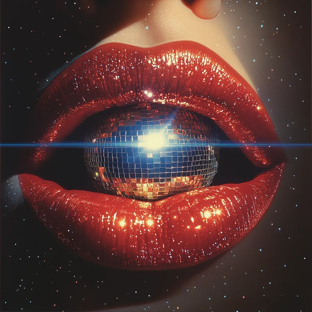 Close-up view of a pair of full, glossy red lips holding a disco ball.  The lips are the focal point, vibrant and shimmering. The disco ball reflects light, creating a dazzling effect against the dark, sparkly background.  The image evokes a sense of retro glamour and playful energy.