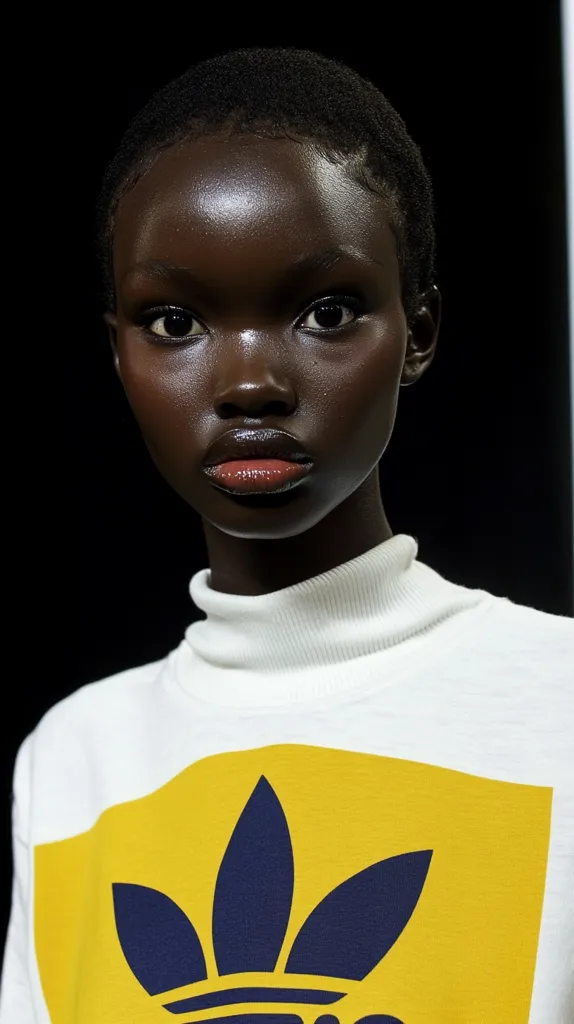 Close-up portrait of a young Black woman with short, dark hair.  Her skin is smooth and glowing. She's wearing a white turtleneck sweater with a large, yellow square graphic featuring a navy blue Adidas trefoil logo.  The background is black, emphasizing the model's features and the bold colors of her clothing.  Her expression is serious and direct.