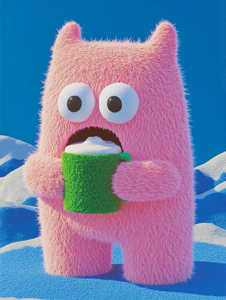 A fluffy, pink monster with large eyes holds a green mug filled with a creamy beverage.  The monster stands on a stylized blue and white snowy landscape, its expression one of surprised enjoyment. The overall style is cute and cartoonish, with a focus on soft textures and bright colors.