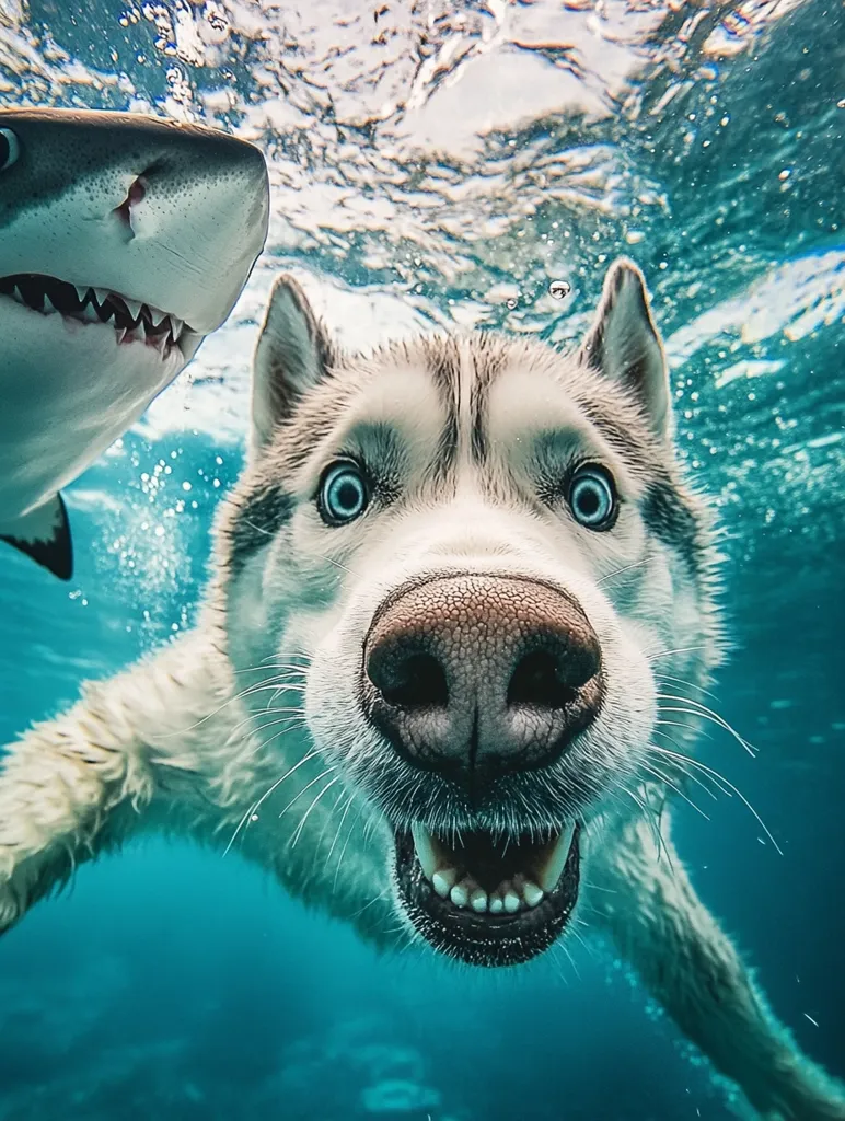 An underwater close-up shot features a husky dog swimming towards the camera with a playful expression, its mouth open in a wide grin.  A large shark is partially visible in the background, creating a humorous contrast between the seemingly fearless dog and the potential predator.  The turquoise water is clear, highlighting the details of both animals.