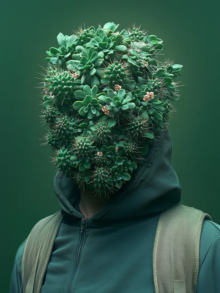 A person wearing a teal hoodie and backpack has their face completely covered by a dense cluster of succulents and cacti. The vibrant green plants contrast against the muted background, creating a surreal and captivating image. The overall effect is one of striking visual juxtaposition, blending human and natural elements in a unique and artistic way.