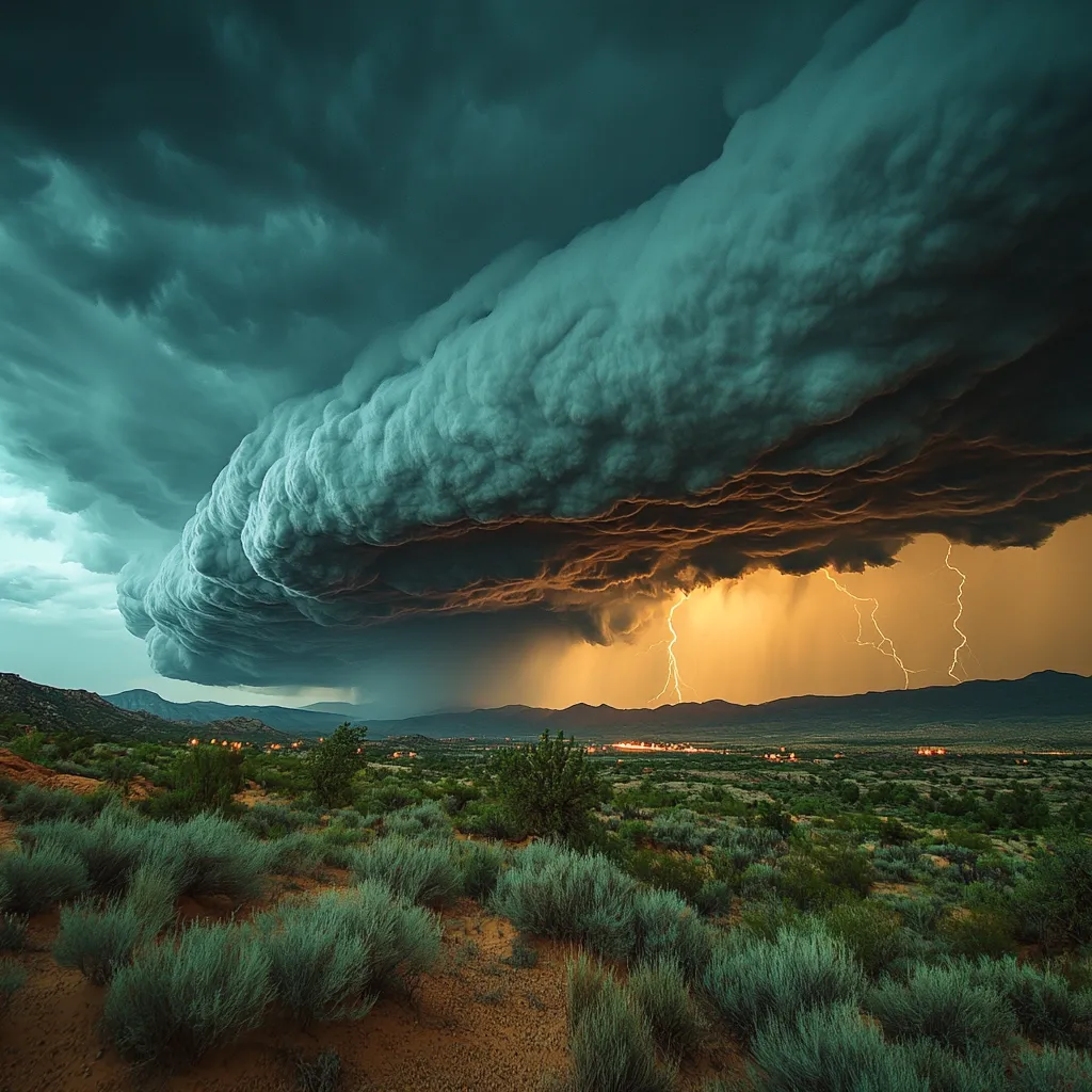A dramatic thunderstorm rolls over a desert landscape.  A massive, dark, and textured cloud formation dominates the sky, illuminated from within by intense lightning strikes.  The bolts of lightning are bright yellow-orange against the ominous, teal-hued clouds.  Below, a flat expanse of desert scrubland stretches towards distant mountains, showing small town lights. The scene is a breathtaking display of raw nature's power.