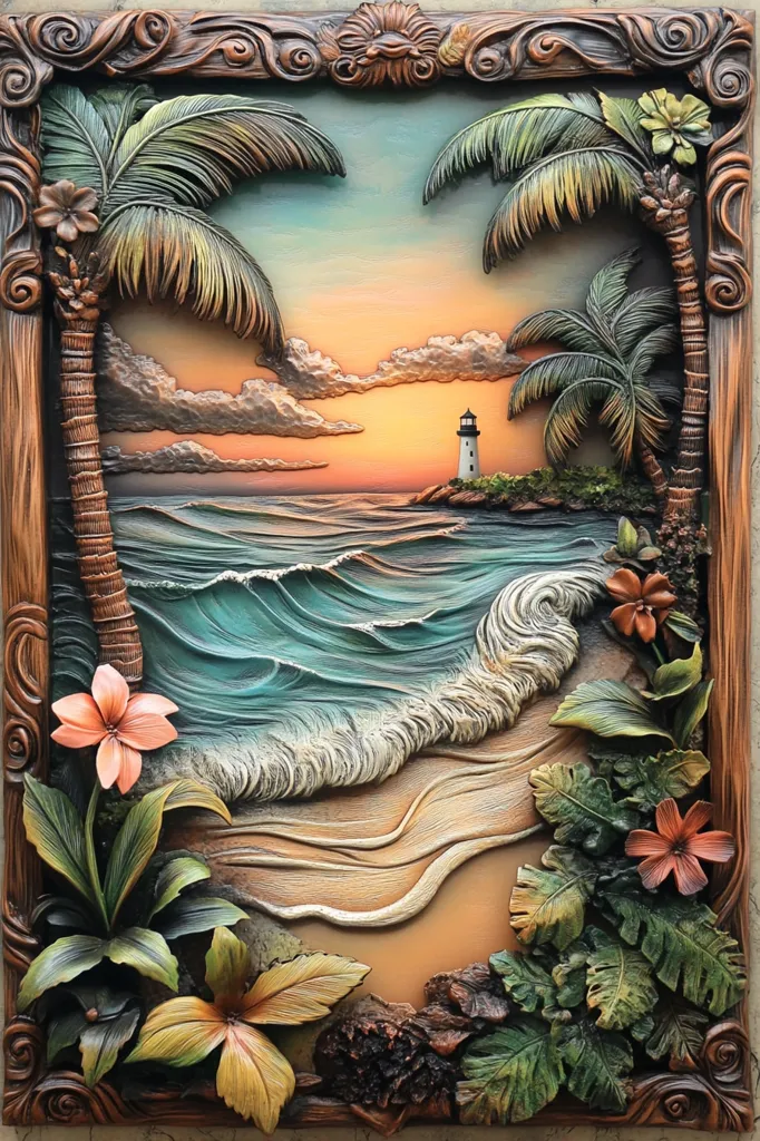 A stunning bas-relief artwork depicts a serene tropical beach scene at sunset.  Intricate carvings showcase palm trees, lush foliage, and a gentle wave lapping the shore.  A lighthouse stands in the distance, adding a touch of tranquility to the vibrant, textured composition. The piece is framed in ornate, dark wood, enhancing its overall beauty and three-dimensional effect.