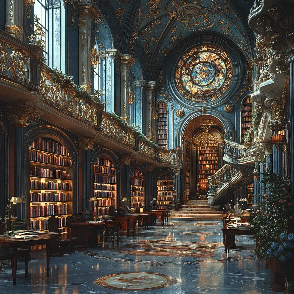 A grand, opulent library is depicted, featuring towering bookshelves filled with countless volumes.  The space is richly decorated in deep blues and golds, with ornate architectural details, a sweeping staircase, and a large stained-glass window.  Warm lighting illuminates the rows of books, creating a magical, scholarly atmosphere.  The polished floor reflects the grandeur of the setting.