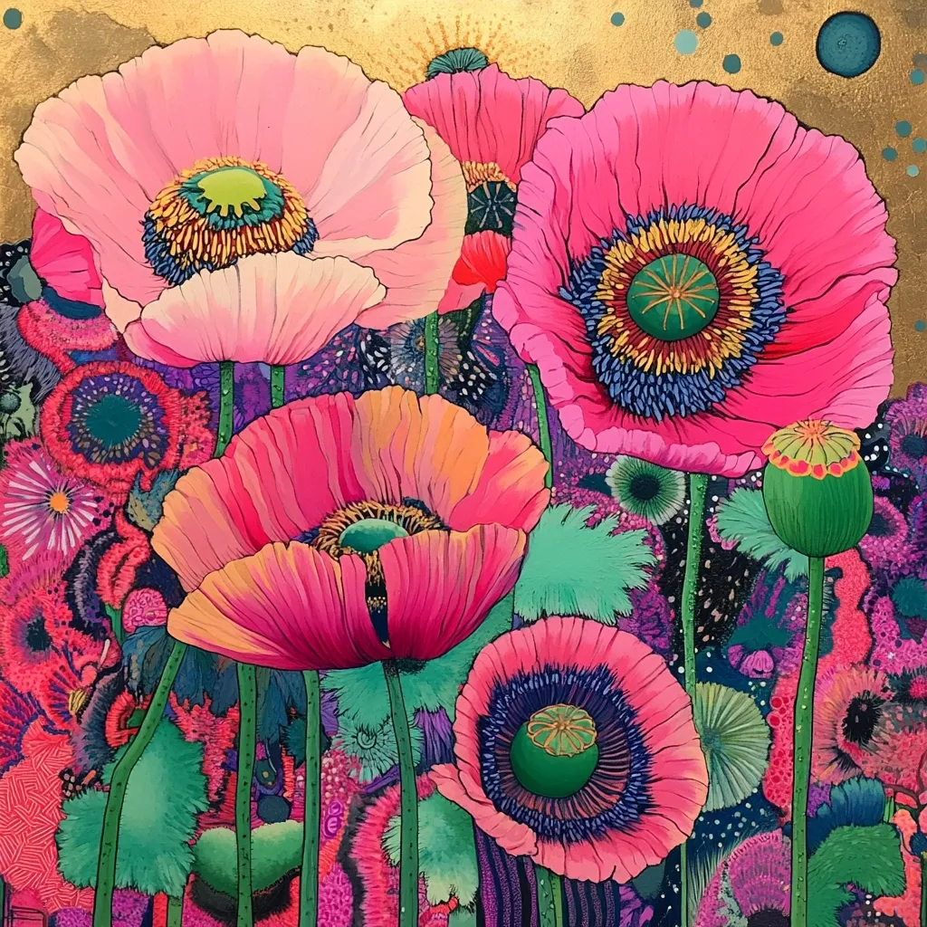 A vibrant painting showcases a profusion of pink poppies in various shades, their intricate details highlighted against a backdrop of richly textured, jewel-toned foliage.  The poppies' centers boast a kaleidoscope of colors, creating a striking contrast.  The background is a busy mix of greens, purples, and pinks, adding depth and complexity to the floral display.  The overall effect is one of exuberant energy and bold artistic expression.