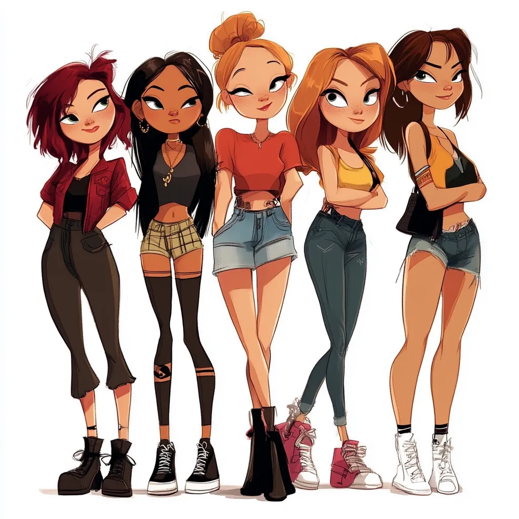 Five stylish cartoon girls stand in a row, each showcasing a unique fashion sense.  From left to right: a girl in dark clothing and combat boots, a girl in plaid shorts and knee-high socks, a girl in denim shorts and chunky boots, a girl in jeans and high-top sneakers, and finally, a girl in denim shorts and white sneakers. Their diverse styles and confident poses highlight individuality.