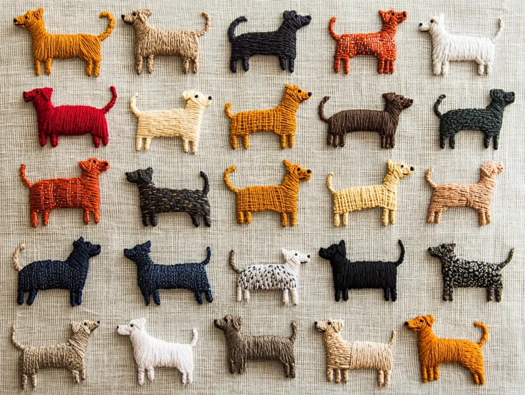 A textile art piece featuring a grid of embroidered dogs. Each dog is depicted in a different color and pattern of yarn, creating a diverse and charming collection.  The dogs are stylized, simple in form, yet expressive. They are stitched onto a neutral-colored linen-like fabric, providing a soft and pleasing backdrop.  The overall effect is playful and sophisticated.