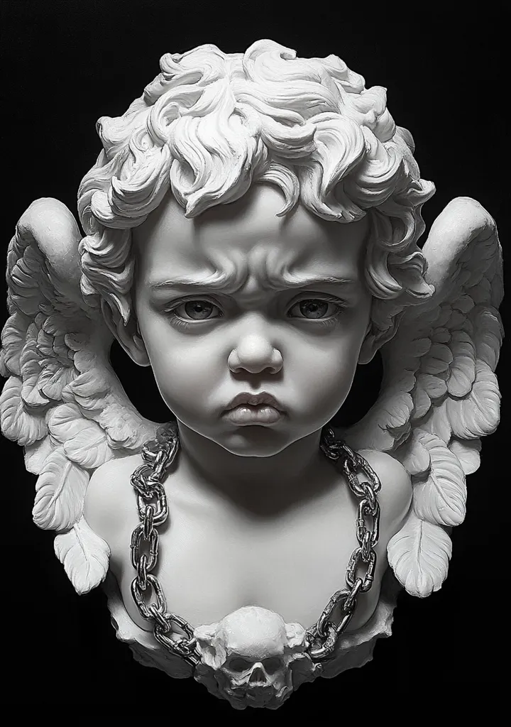 A meticulously detailed sculpture depicts a cherubic angel with a sullen expression.  The infant angel, possessing wings and curly hair, wears a heavy chain necklace adorned with a skull. The contrast between the angelic form and the dark accessories creates a striking juxtaposition, hinting at a complex narrative.  The monochromatic palette accentuates the intricate details of the sculpture's texture and form.