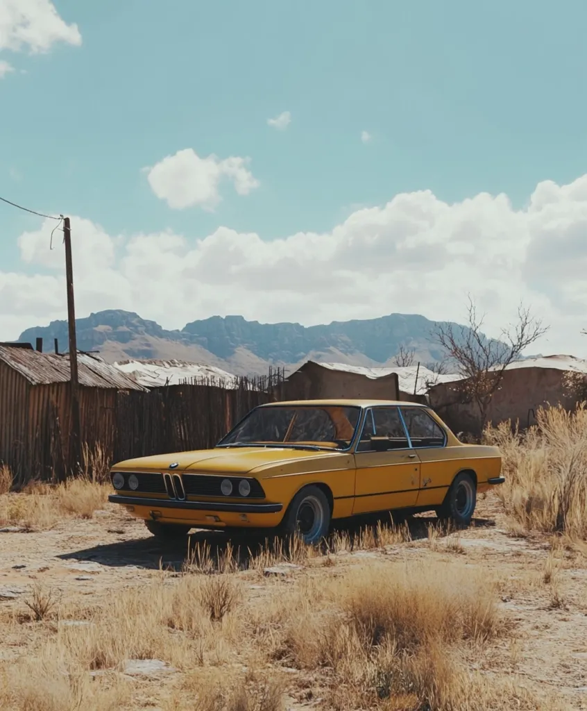 A vintage yellow BMW coupe sits in a desolate landscape.  Dry, brown grass surrounds the car, which is parked near simple, rustic buildings.  A mountain range stretches across the background under a partly cloudy sky. The scene evokes a sense of isolation and the vastness of the open space.