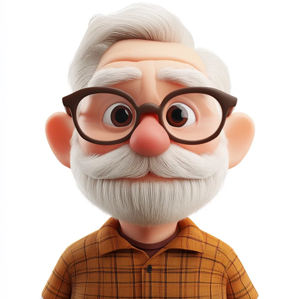 A 3D rendered cartoon depiction of an elderly man. He has white hair, a neatly trimmed white mustache and beard, and wears round brown-framed glasses.  His expression is pleasant and friendly. He is dressed in a brown and orange plaid shirt. The image is set against a plain white background.