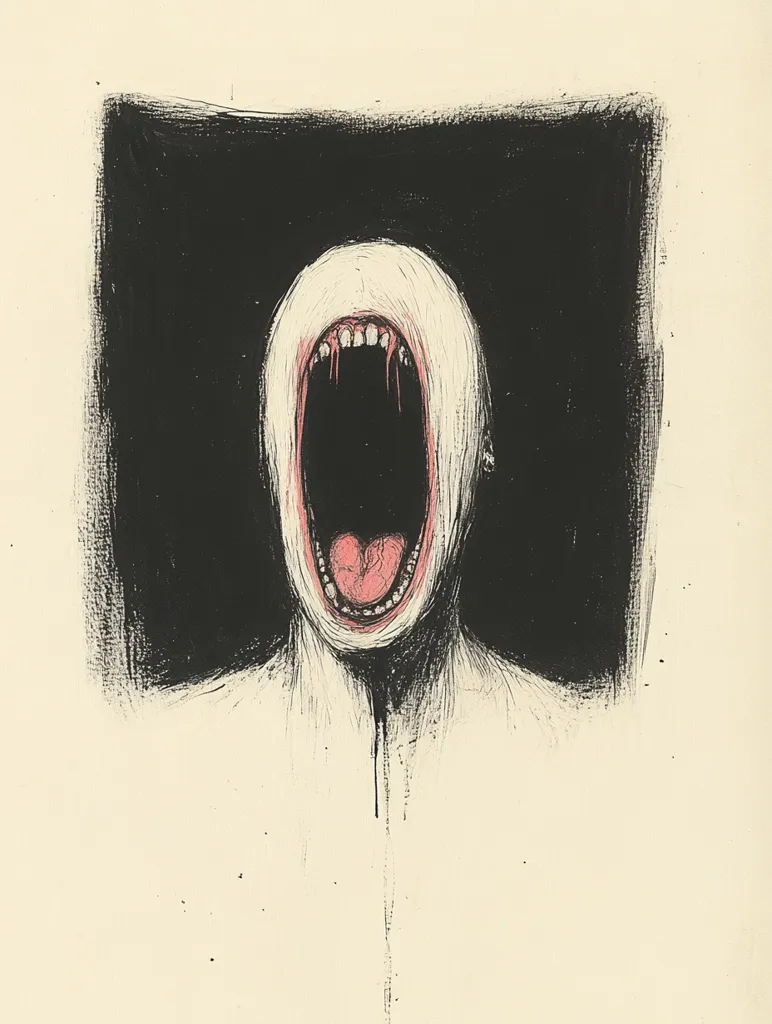 A stark, unsettling artwork depicts a pale face, mouth agape in a silent scream.  The wide-open mouth reveals teeth and a tongue, rendered in a soft pink against the stark black background which frames the figure.  The style is expressive and slightly disturbing, utilizing a combination of black and off-white tones to create a sense of unease and vulnerability.  A single drip of paint trails down from the chin.