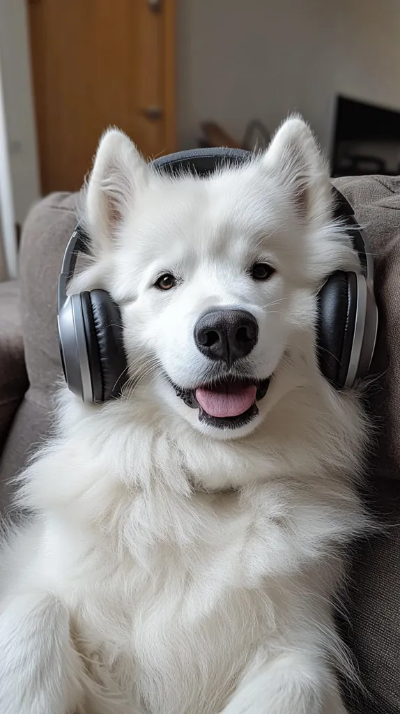 A fluffy white Samoyed dog sits on a couch, wearing large over-ear headphones.  The dog has a happy expression, its tongue slightly out, suggesting enjoyment of the music. The setting is a relaxed, home environment. The image is heartwarming and evokes feelings of comfort and contentment.
