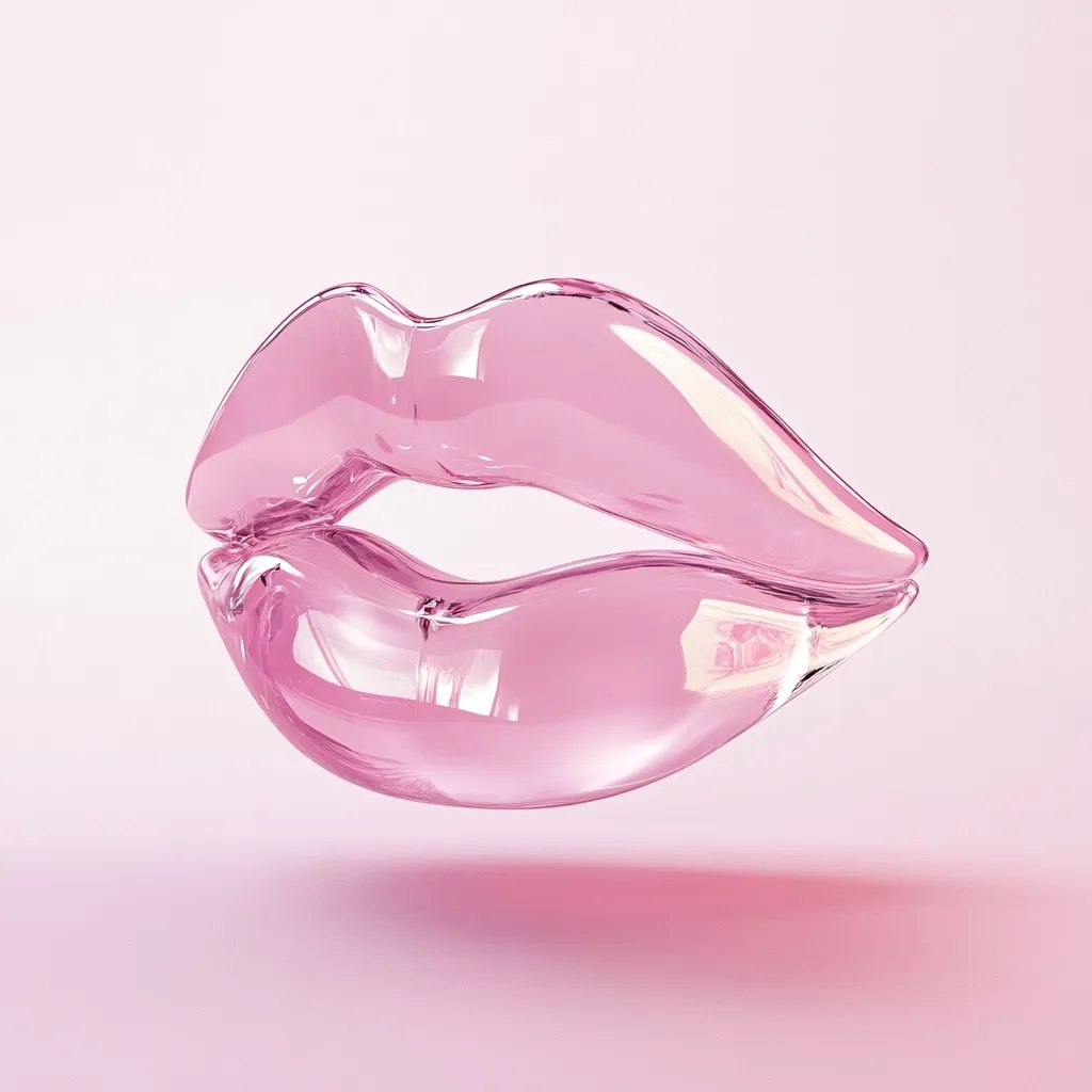 A translucent, light pink, glass sculpture in the shape of a pair of lips floats against a pale pink background.  The glass is smooth and glossy, reflecting light, giving the illusion of plump, full lips.  The image is minimalist and suggestive, possibly representing beauty, sensuality, or cosmetics.