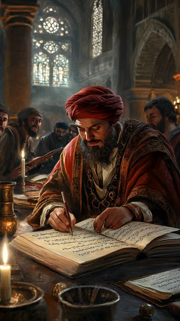 A richly dressed man in a red turban sits in a dimly lit, ornate room, meticulously writing in a large, open book filled with Arabic script.  Candles illuminate the scene, casting warm light on the man and the surrounding onlookers.  The atmosphere suggests a scholarly or religious setting, perhaps a library or scriptorium.  The detail emphasizes the man's focused concentration on his task.