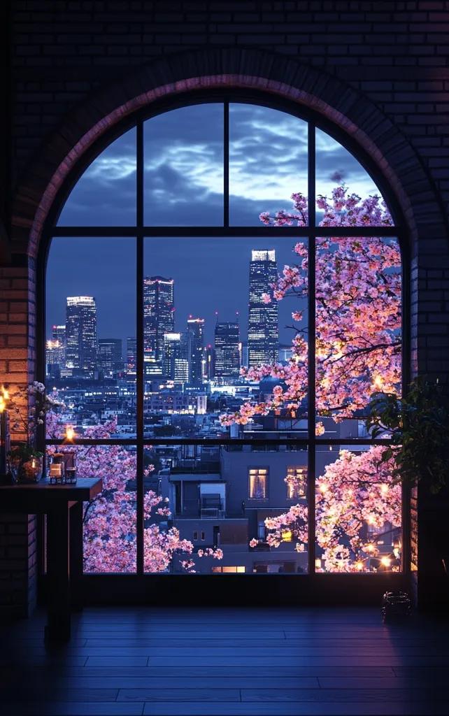 A large arched window in a dark brick room offers a breathtaking view.  A nighttime cityscape glows softly, its skyscrapers illuminated against a twilight sky.  Delicate, pink cherry blossoms frame the window, their branches adorned with tiny lights, creating a romantic and serene atmosphere. The scene is beautifully lit, emphasizing the contrast between the warm interior and the cool cityscape outside.