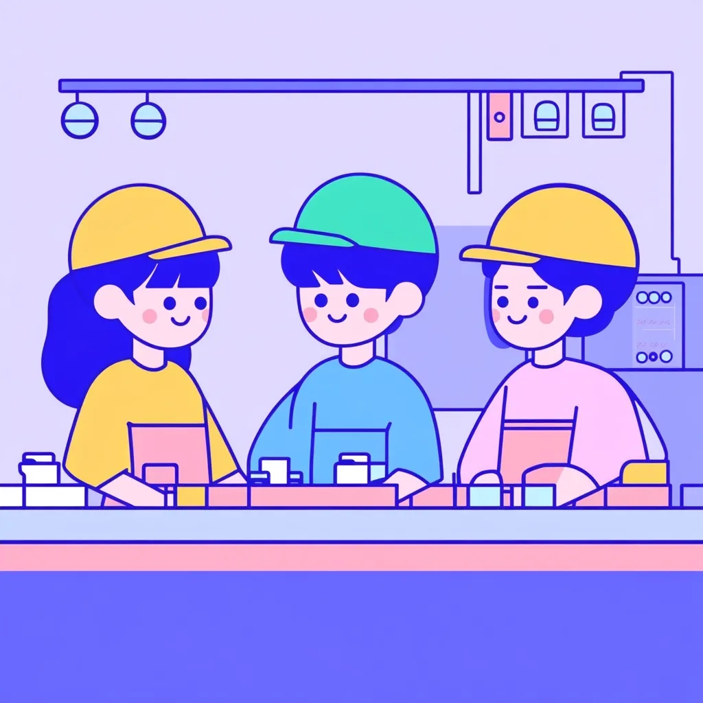 Three cartoon characters, a girl and two boys wearing caps, are working together at a counter. They appear to be assembling or sorting small items on the counter.  The setting is a simple, brightly colored workspace with minimal details, suggesting a factory or workshop.  The illustration is in a clean, minimalist style with bold outlines and flat colors.
