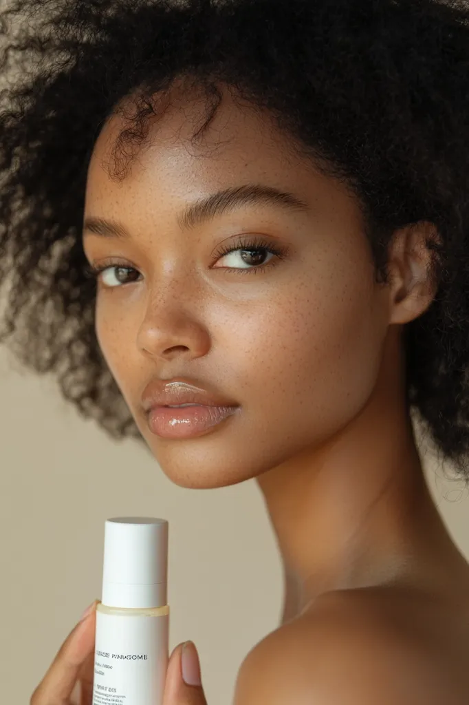 Close-up of a young woman with dark, curly hair.  Her skin is smooth and lightly freckled. She holds a small, white bottle of skincare product.  The overall mood is calm and natural, highlighting the beauty of her complexion and the simplicity of the product.  The lighting is soft and warm, enhancing the image's serene aesthetic.