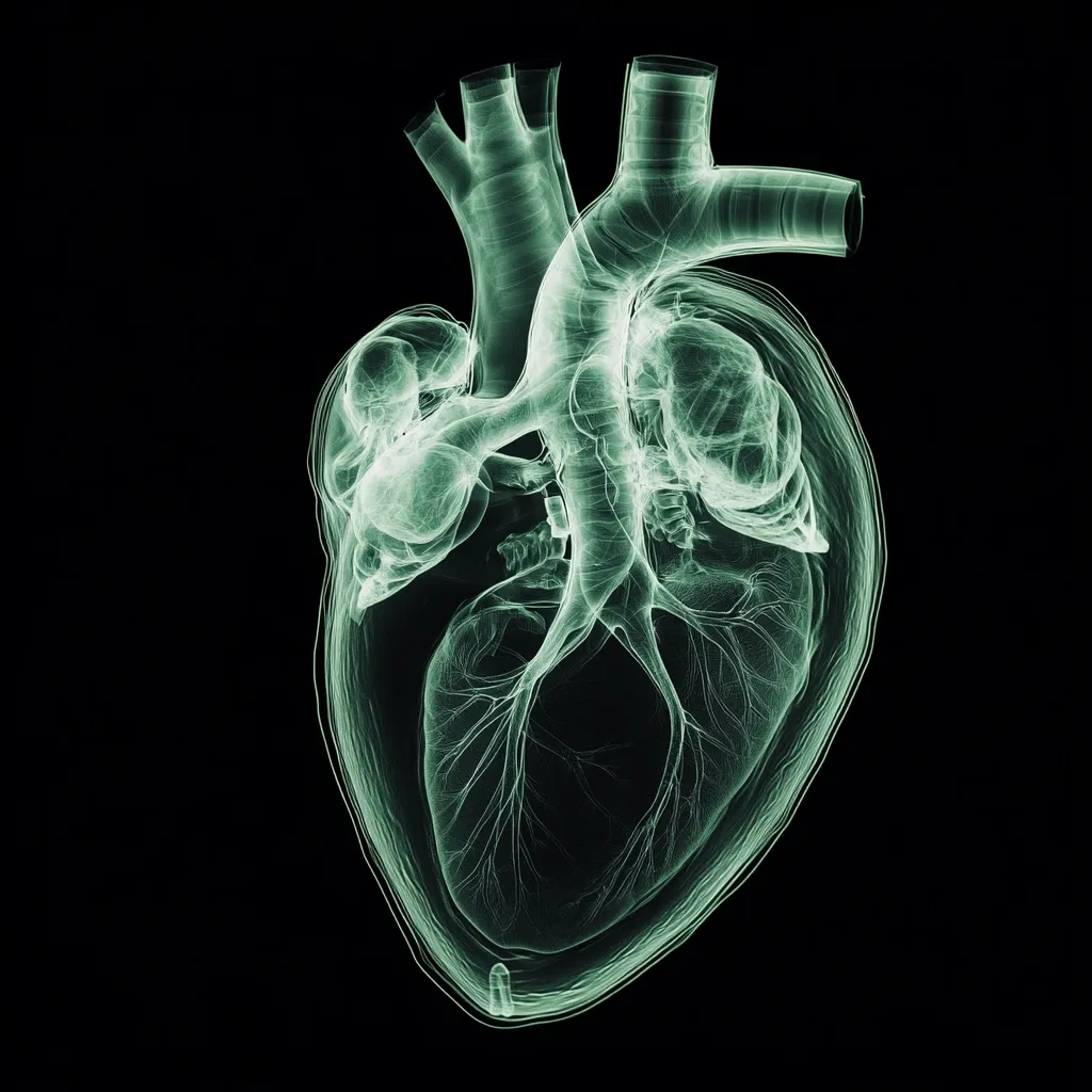 A translucent, teal-colored image of a human heart is presented against a stark black background.  Intricate details of the heart's chambers, valves, and major blood vessels are visible, offering a detailed anatomical view. The image resembles a medical scan or rendering, showcasing the organ's complex internal structure with clarity.