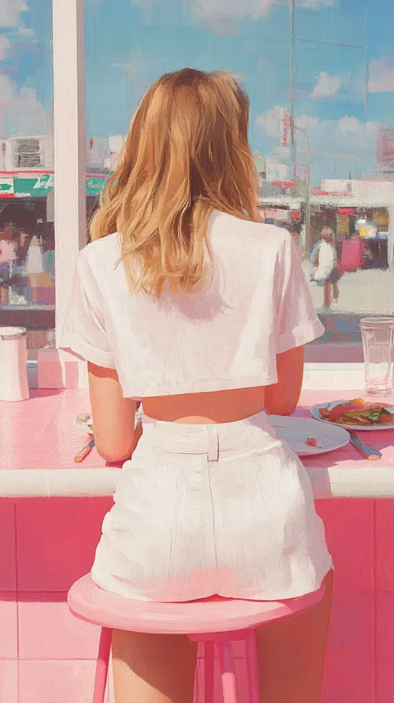 A young woman with long blonde hair sits on a pink stool at a pink counter, her back to the viewer. She wears a white cropped top and white shorts.  The setting is sunny and outdoors, with a bustling street scene visible through a large window behind her.  A plate of food sits on the counter in front of her. The overall style is reminiscent of a soft, dreamy illustration.