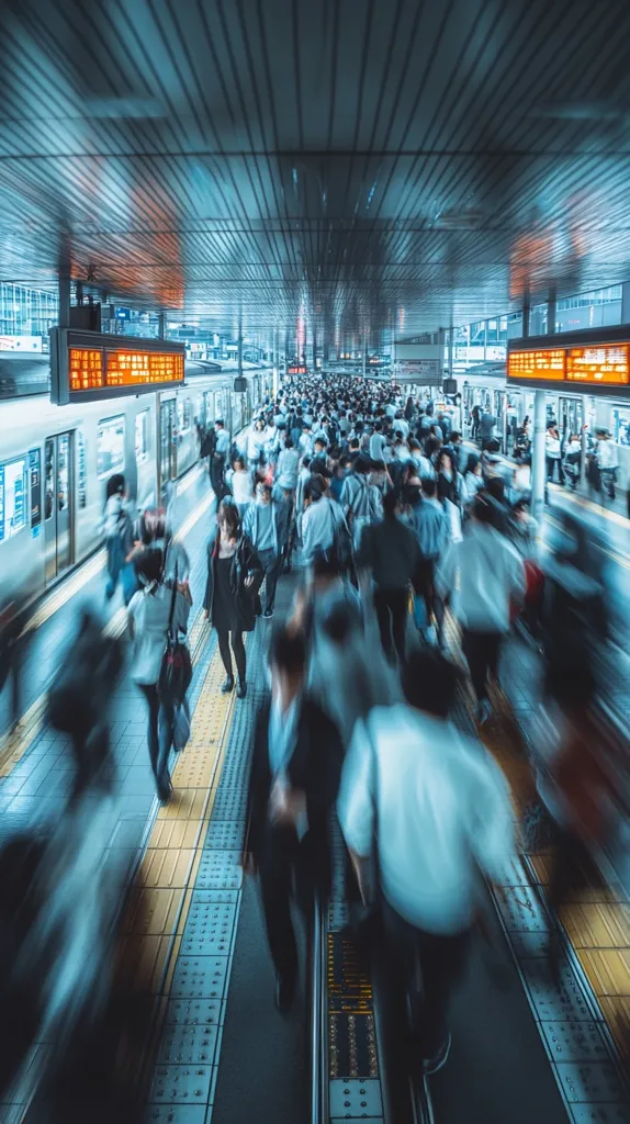 A bustling train station platform in Japan is captured with motion blur, creating a sense of constant movement.  Hundreds of commuters rush past, their forms indistinct yet conveying a powerful feeling of energy and transit.  Electronic departure boards glow with information above the platform, adding to the vibrant, dynamic scene. The overall effect is a visually striking depiction of urban life and mass transportation.