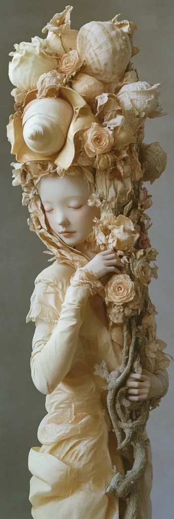 A delicate porcelain sculpture depicts a serene young woman adorned with an elaborate headdress of sculpted shells and flowers.  The creamy, pale tones create a unified aesthetic. The figure’s eyes are closed, suggesting contemplation, and her hands gently hold a gnarled branch intertwined with more blossoms. The overall effect is one of ethereal beauty and quiet grace.