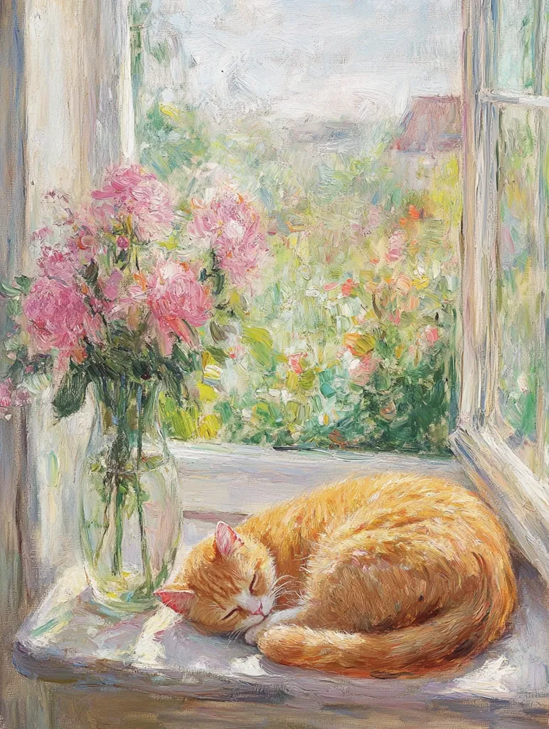 A sunlit oil painting depicts an orange tabby cat curled up asleep on a windowsill.  A vase of pink flowers sits nearby, and a bright, idyllic garden scene is visible through the window.  The style is impressionistic, with visible brushstrokes and a focus on light and color. The overall mood is peaceful and serene.