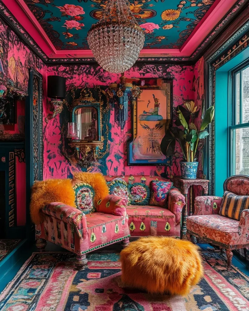 A vibrant room features bold pink walls adorned with eclectic artwork and a richly patterned teal ceiling.  A crystal chandelier illuminates a plush, pink, patterned sofa and armchair, accented with orange fur pillows and ottoman.  The overall aesthetic is maximalist and bohemian, combining luxurious textures with bold colors and patterns.  A turquoise window and ornate details add to the opulent atmosphere.
