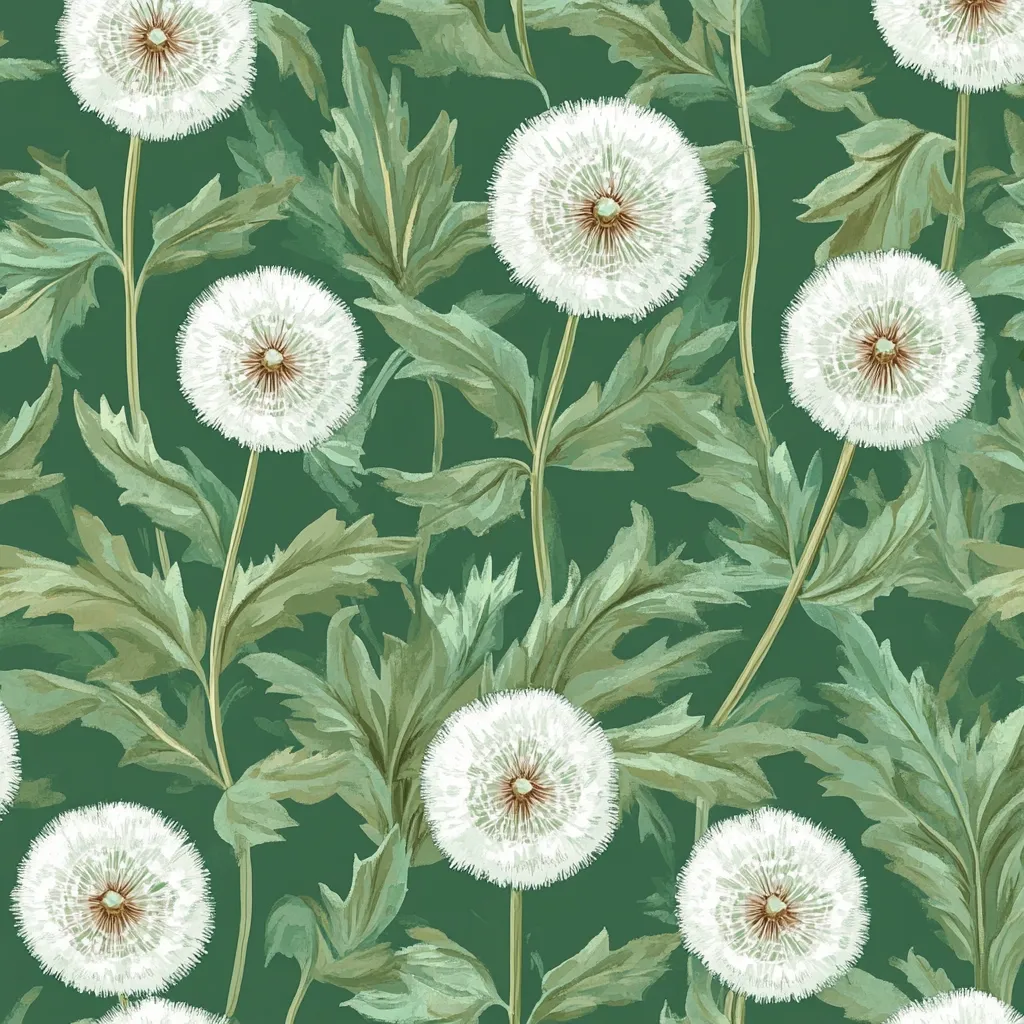 A seamless pattern showcases meticulously rendered dandelion clocks against a deep green backdrop.  The fluffy seed heads are depicted in exquisite detail, contrasted by the soft, muted green of the foliage.  The overall effect is one of elegant simplicity, creating a calming and visually appealing design suitable for various applications.