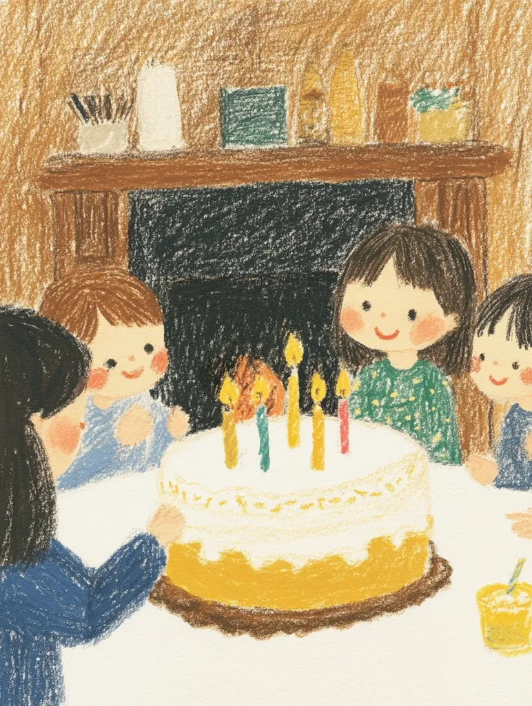 A crayon-style illustration depicts a cozy birthday scene.  Four children gather around a yellow birthday cake with lit candles, seated before a fireplace.  The room is warm and inviting, with a mantelpiece displaying various items. The children's joyful expressions and the cake create a celebratory atmosphere. The overall style is simple and charming.