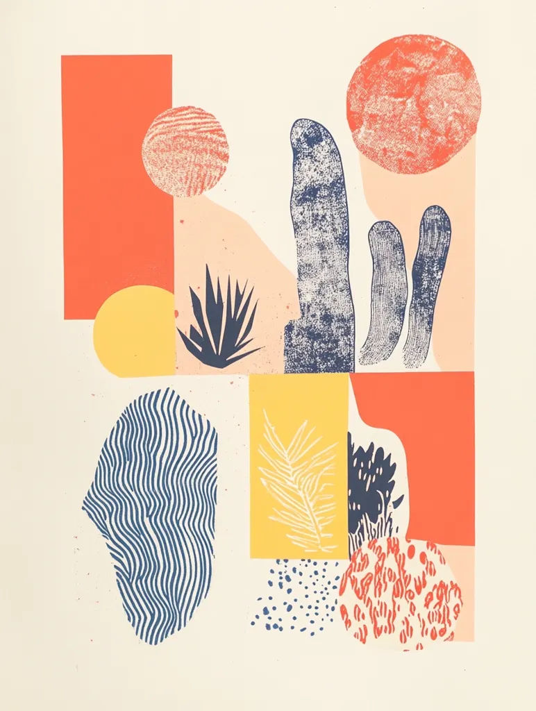 A vibrant abstract print features a collage of geometric shapes and organic forms in coral, yellow, and navy blue.  Textured circles and irregular blocks contrast with stylized plant motifs and wavy lines.  The composition evokes a sense of playful energy and modern design, creating a visually engaging piece of art.  The overall effect is bold and optimistic.