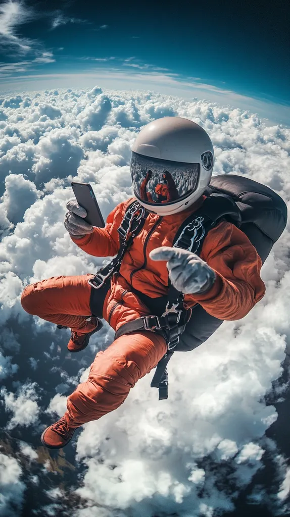 A skydiver, clad in an orange jumpsuit and white helmet, floats amidst a sea of fluffy white clouds.  The breathtaking view stretches to a vibrant blue sky, a panoramic vista visible through the helmet's visor.  The skydiver nonchalantly holds a smartphone, capturing the incredible moment.  The harness and backpack are visible, showcasing the equipment necessary for this daring feat.  The overall scene is one of adventure and stunning natural beauty.