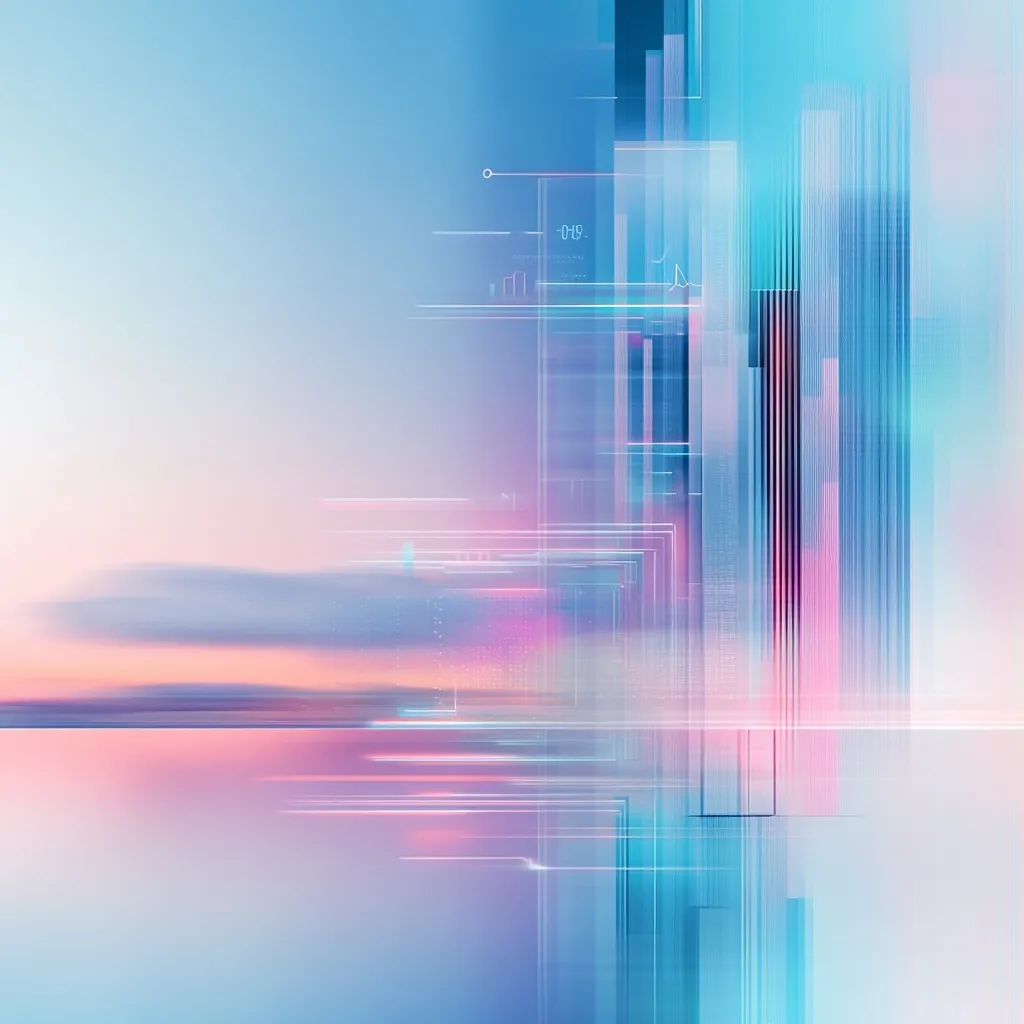 An abstract digital artwork depicts a futuristic cityscape at sunset.  Pastel blues, pinks, and purples dominate the color palette.  Geometric shapes, suggestive of buildings and data streams, are overlaid on a blurred horizon.  The image evokes a sense of technological advancement and serene beauty, merging natural and artificial elements.  Light streaks add dynamism, hinting at speed and connectivity.