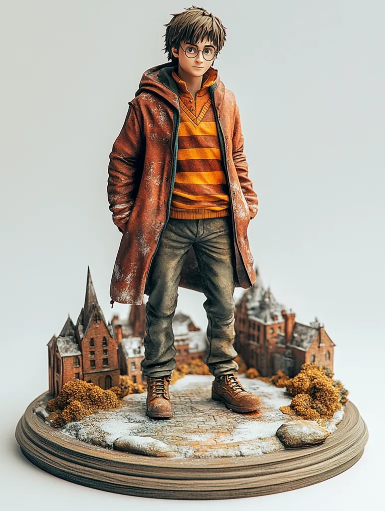 A meticulously crafted statue depicts Harry Potter, standing amidst a miniature Hogwarts-esque village.  He's dressed in a weathered brown coat over a striped sweater, wearing glasses and sturdy boots.  The base is detailed with snow, autumn foliage, and cobblestones, enhancing the overall atmospheric quality of the piece.  The statue's realism and attention to detail are striking.