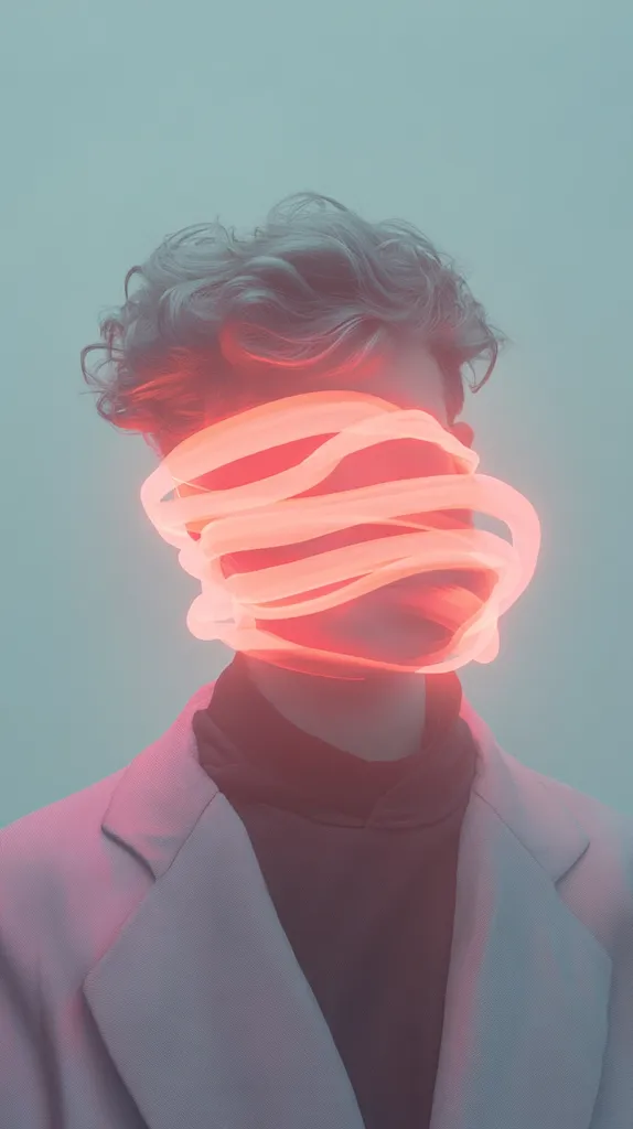 A stylized portrait of a person with short, wavy hair. Their face is obscured by glowing, translucent, pink neon tubes arranged in a tangled, layered pattern.  The individual wears a light pink blazer over a dark turtleneck. The overall aesthetic is surreal and dreamlike, with a muted color palette emphasizing the vibrant pink light.
