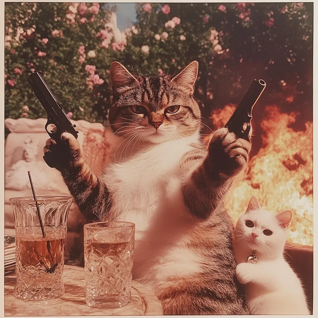 A tabby cat sits at a table with two glasses, holding a pistol in each paw.  A smaller white cat sits beside it.  A fiery backdrop suggests a dramatic scene. The image is stylized with a vintage or retro filter, giving it a nostalgic feel.  The overall impression is humorous and slightly absurd.