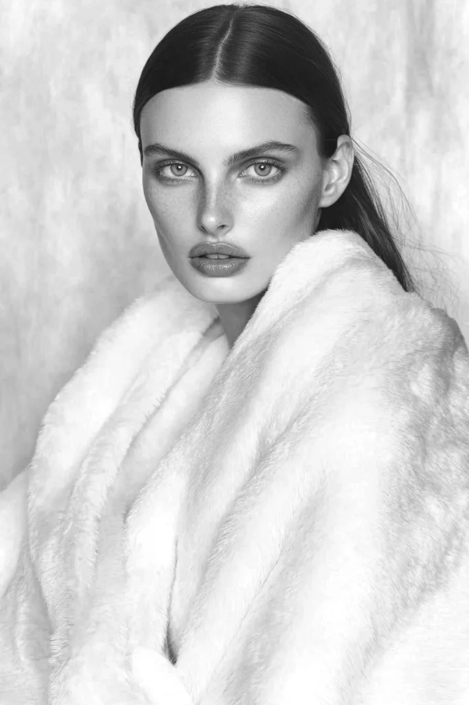 A black and white close-up portrait of a woman with dark hair pulled back, wearing a fluffy white fur coat.  Her expression is serious, her gaze direct.  The soft texture of the fur contrasts with her sharp features and defined cheekbones.  The background is a muted, textured grey.  The overall mood is elegant and sophisticated.