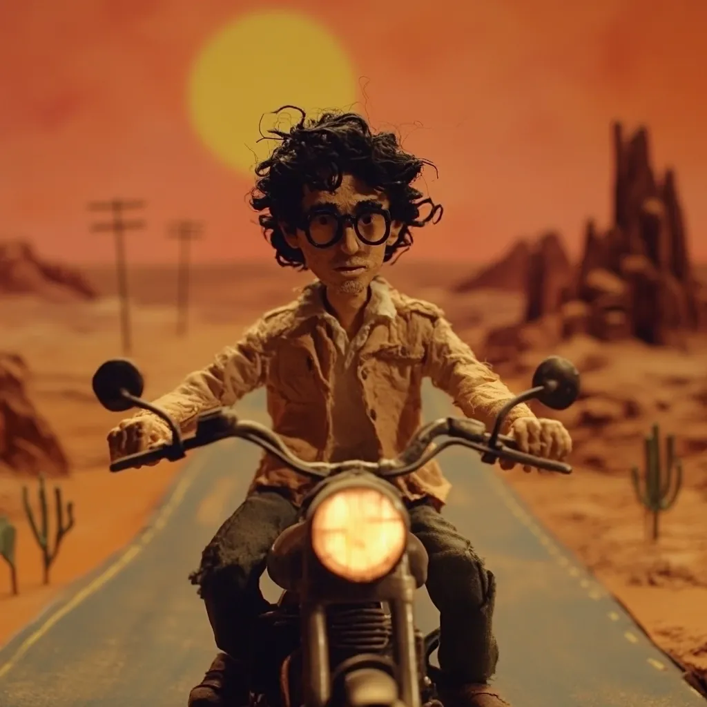 A stop-motion animation depicts a clay figure, resembling a man with curly hair and glasses, riding a motorcycle down a desert highway.  The setting sun casts a warm orange glow on the arid landscape, featuring cacti and distant mesas. The scene evokes a sense of journey and solitude.