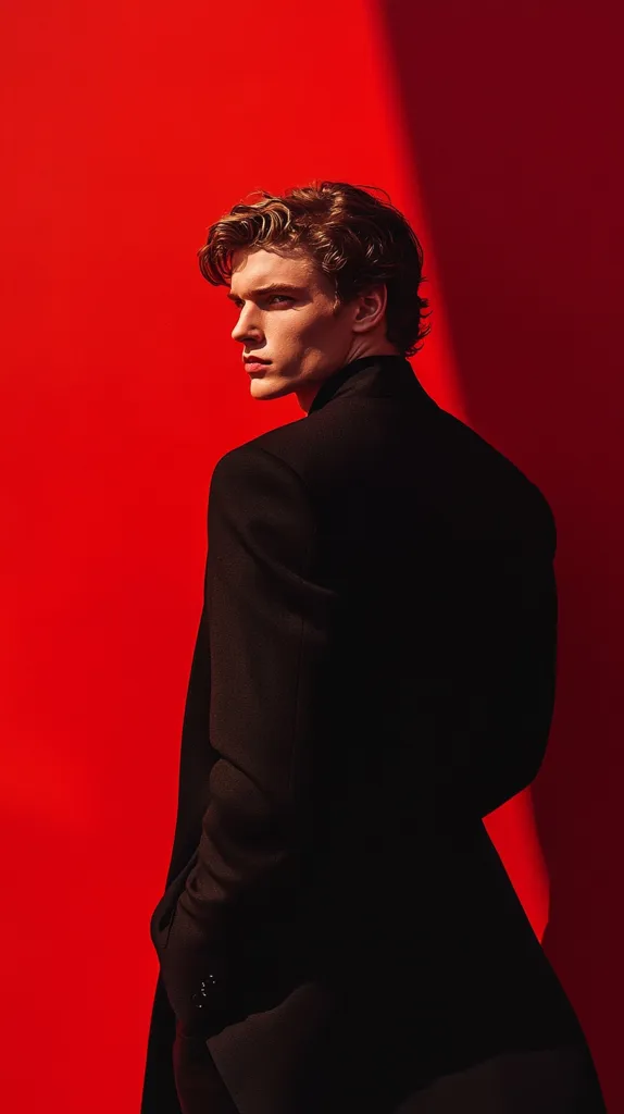A young man with wavy brown hair, wearing a black blazer, stands against a vibrant red background.  A shaft of sunlight illuminates part of his body. He is turned slightly away from the camera, his gaze directed to his left, creating a dramatic and stylish portrait. The contrast between the black and red emphasizes his features and posture.