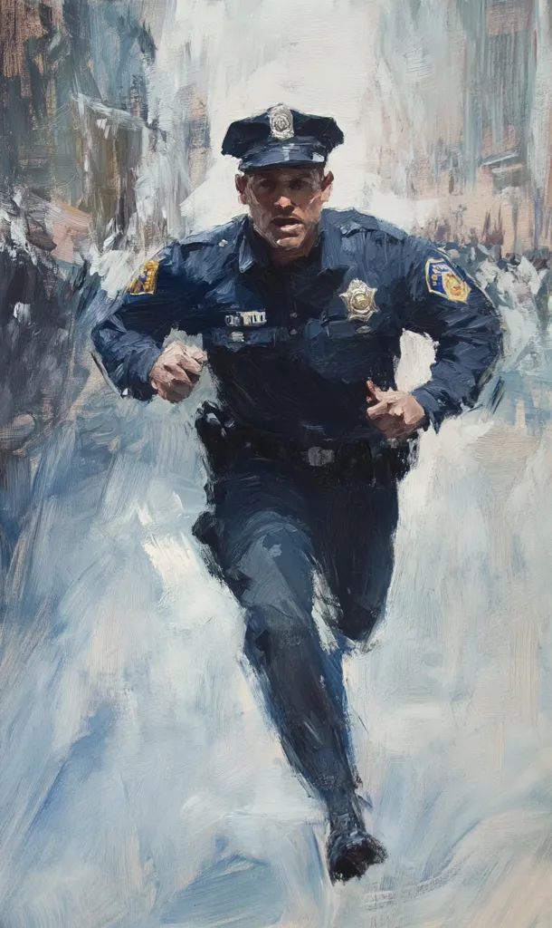 A dynamic, impressionistic painting depicts a police officer in uniform running through a blurred city street.  The officer's determined expression and motion are emphasized by the artist's expressive brushstrokes.  The background is a wash of muted blues and grays, suggesting speed and a sense of urgency. The overall style is loose and painterly, conveying a powerful sense of movement and purpose.