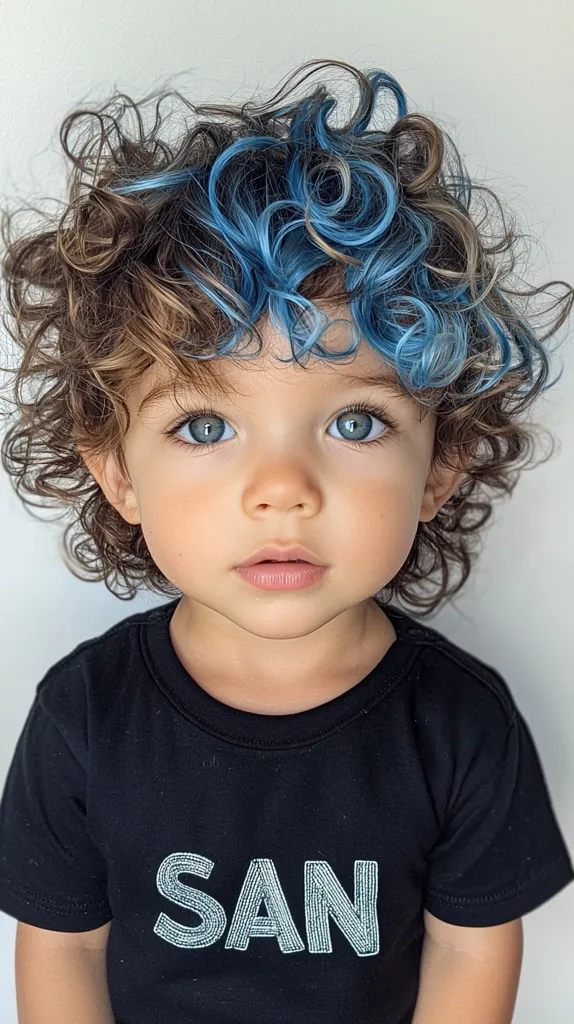 A toddler with curly brown hair, partially dyed light blue, stares directly at the camera.  The child has large, expressive eyes and fair skin. They are wearing a black t-shirt with the name "SAN" embroidered on the front in a light-colored thread. The overall impression is one of a cute and stylishly dressed young child.