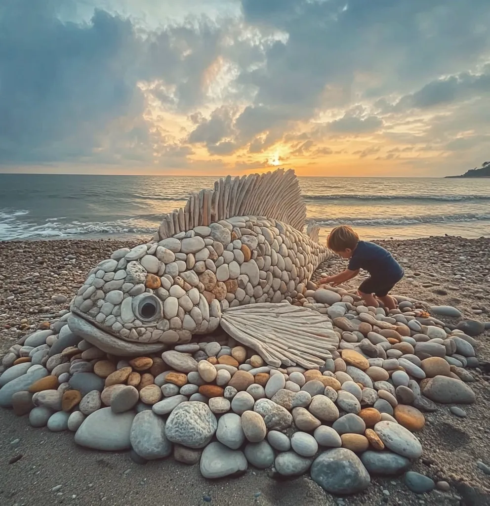 A child interacts with a stunning rock sculpture of a fish on a pebble beach at sunset.  The fish, meticulously crafted from various sized stones and driftwood, rests on a bed of smooth, colorful pebbles. The warm sunset hues illuminate the scene, creating a magical and serene atmosphere. The image captures a moment of wonder and connection between nature and art.