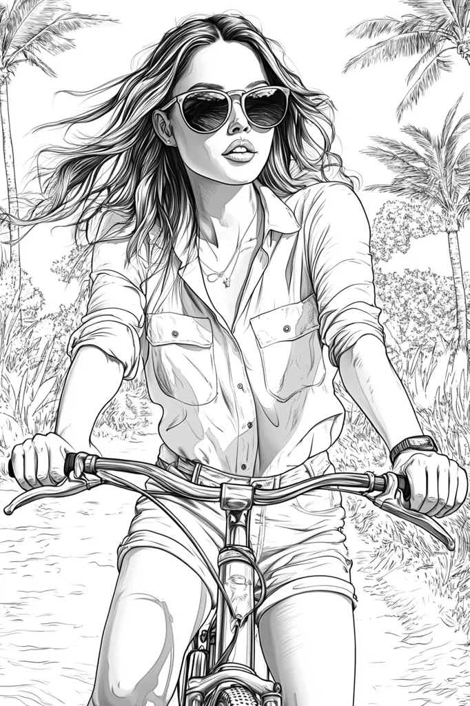 A stylish woman with long flowing hair and sunglasses rides a bicycle through a tropical landscape.  She wears a loose button-down shirt and denim shorts. Palm trees and lush vegetation frame the scene, creating a vibrant, carefree atmosphere. The detailed line art showcases the woman's confident posture and the beauty of her surroundings.  The image is rendered in black and white, emphasizing the contrast and texture.
