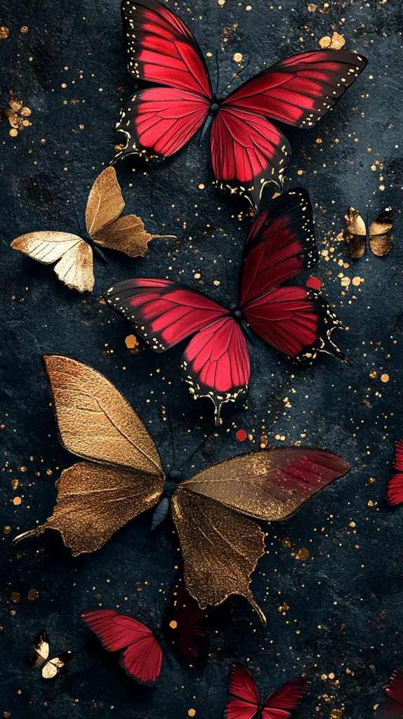 A dark, moody backdrop showcases several butterflies.  Two large, vibrant red butterflies take center stage, their rich color contrasting sharply with the dark background.  A striking gold butterfly adds a luxurious element, while smaller red and gold butterflies are scattered around, creating a sense of movement and depth. Gold speckles enhance the overall opulent feel.