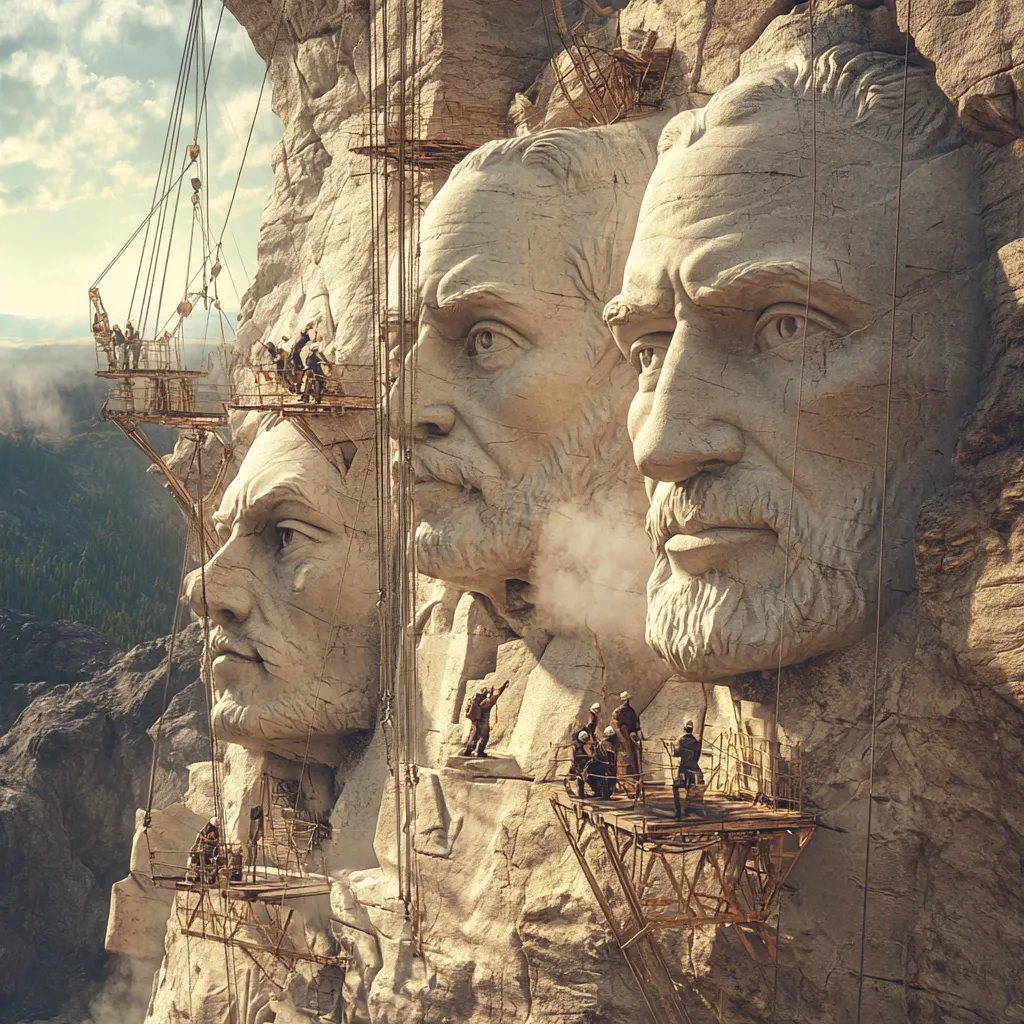 A dramatic depiction of the Mount Rushmore monument under construction.  Workers on scaffolding meticulously carve the granite faces of four presidents.  The vast scale of the project is emphasized by the rugged landscape and the relatively small figures of the workers.  Sunlight bathes the scene, highlighting the monumental task and the grandeur of the unfinished sculpture.  Steam rises from the rock, suggesting the immense effort involved.