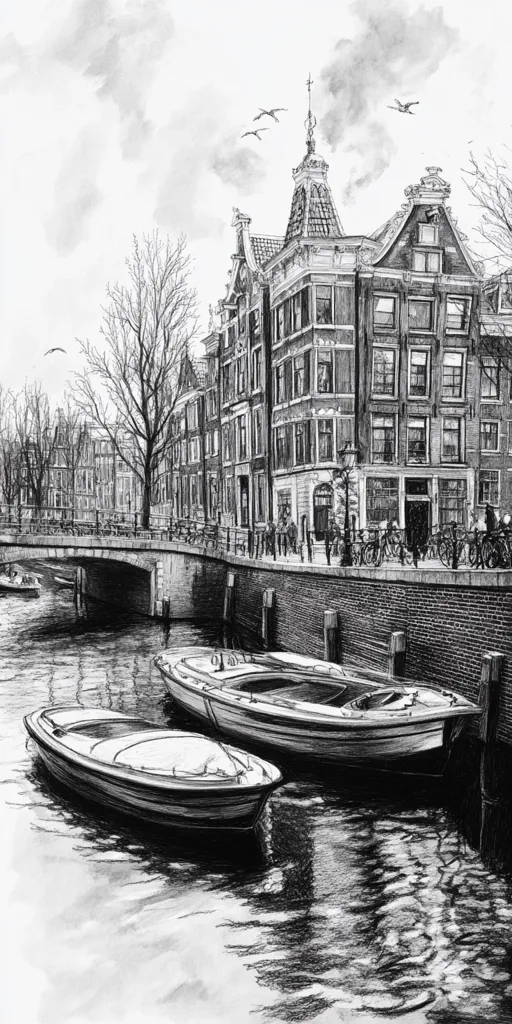 A black and white drawing depicts a tranquil canal scene in Amsterdam.  Traditional Dutch houses line the waterway, their gabled roofs and brick facades detailed with precision.  Two small boats are moored along the canal's edge, reflecting in the calm water.  A bridge spans the canal in the distance, adding depth to the composition.  The overall atmosphere is peaceful and serene, capturing the essence of a classic Amsterdam canal.